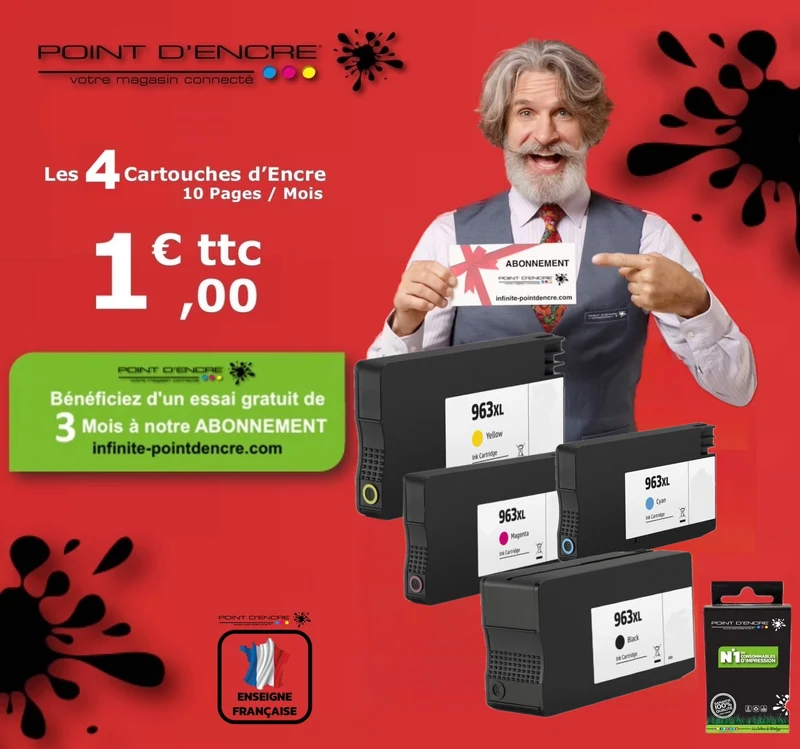 963XL - ABONNEMENT - Pack de 4 Cartouches D'encre Noir/Cyan/Magenta/ Jaune - Grande capacité de Marque Française POINT D'ENCRE Pour imprimante compatible HP (cehp)