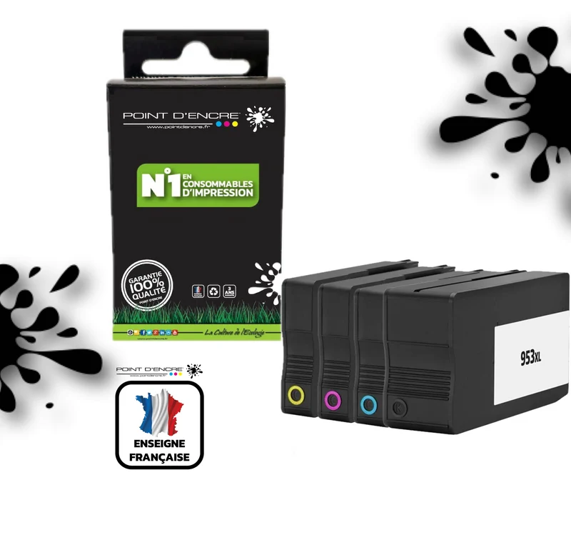 953XL - Pack de 4 Cartouches D'encre Noir/Cyan/Magenta/ Jaune - Grande capacité de Marque Française POINT D'ENCRE Pour imprimante compatible HP (cehp)