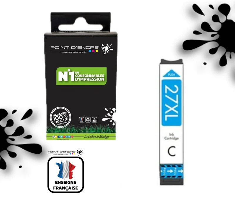 27XL - Réveil - CYAN - Grande capacité de Marque Francaise POINT D'ENCRE Pour imprimante compatible EPSON (cee)