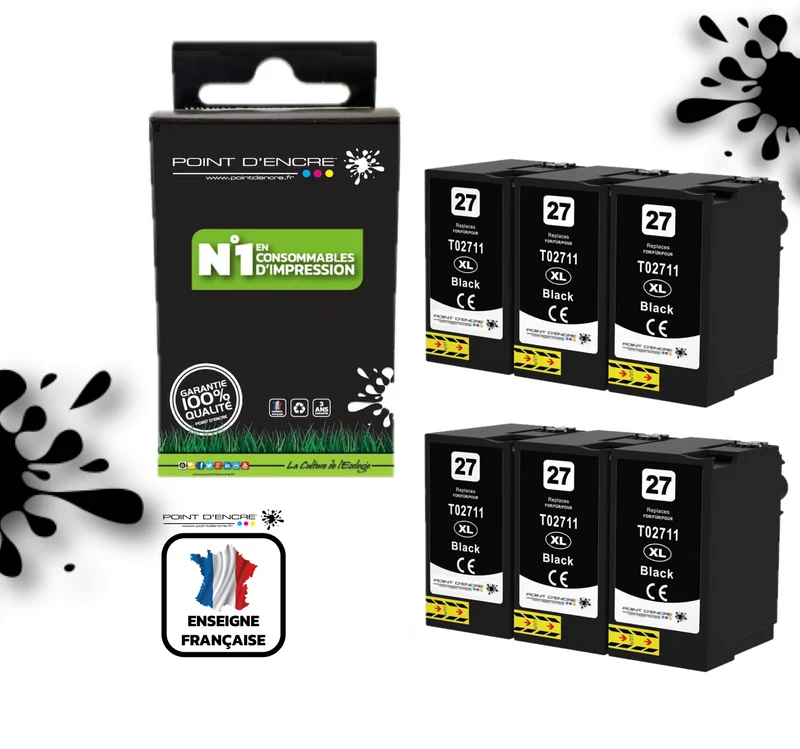 27XL - Réveil - 6 X NOIR - Grande capacité de Marque Francaise POINT D'ENCRE Pour imprimante compatible EPSON (cee)