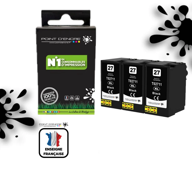 27XL - Réveil - 3 X NOIR - Grande capacité de Marque Francaise POINT D'ENCRE Pour imprimante compatible EPSON (cee)