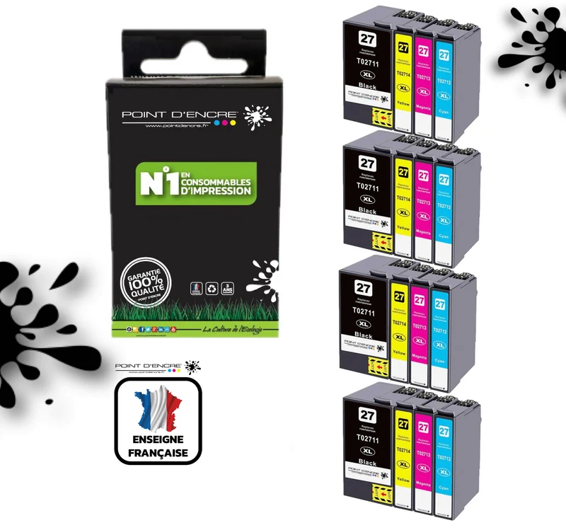 27XL - Réveil - 4 X Pack de 4 Cartouches D'encre Noir/Cyan/Magenta/ Jaune - Grande capacité de Marque Francaise POINT D'ENCRE Pour imprimante compatible EPSON (cee)