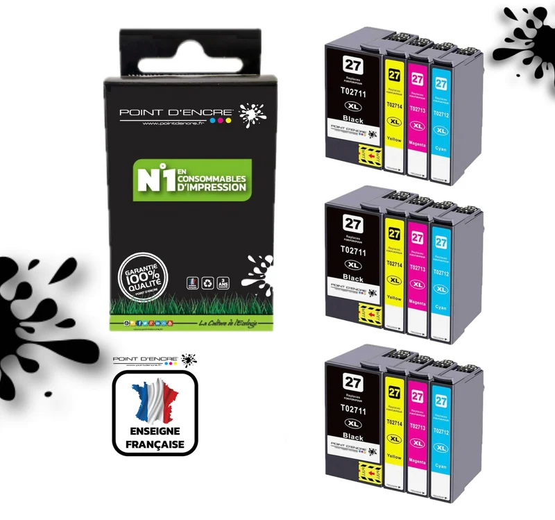 27XL - Réveil - 3 X Pack de 4 Cartouches D'encre Noir/Cyan/Magenta/ Jaune - Grande capacité de Marque Francaise POINT D'ENCRE Pour imprimante compatible EPSON (cee)