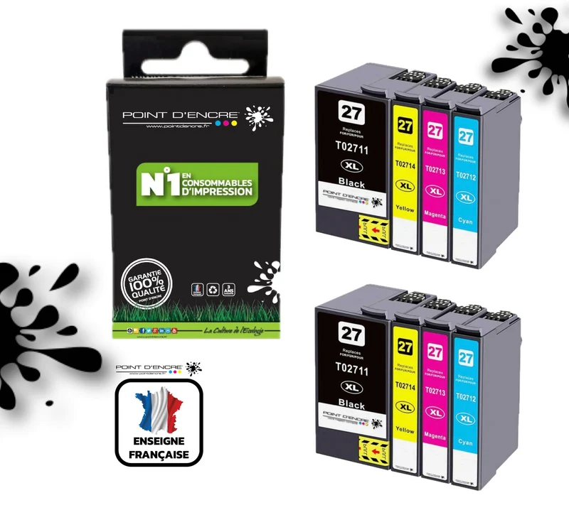 27XL - Réveil - 2 X Pack de 4 Cartouches D'encre Noir/Cyan/Magenta/ Jaune - Grande capacité de Marque Francaise POINT D'ENCRE Pour imprimante compatible EPSON (cee)