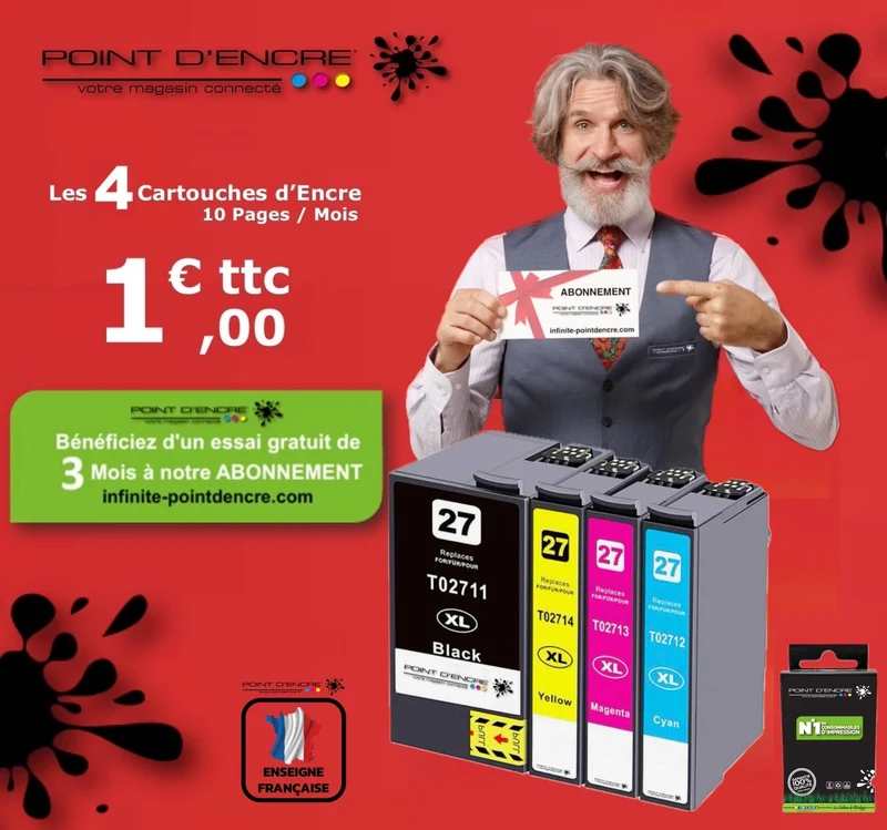 27XL - Réveil - ABONNEMENT - Pack de 4 Cartouches D'encre Noir/Cyan/Magenta/ Jaune - Grande capacité de Marque Francaise POINT D'ENCRE Pour imprimante compatible EPSON (cee)