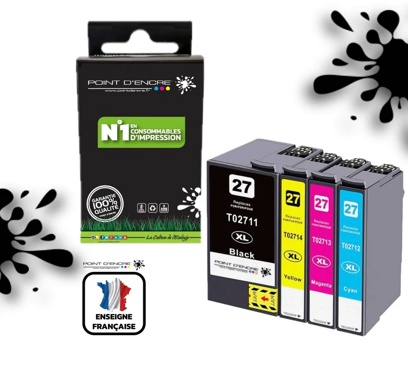27XL - Réveil - Pack de 4 Cartouches D'encre Noir/Cyan/Magenta/ Jaune - Grande capacité de Marque Francaise POINT D'ENCRE Pour imprimante compatible EPSON (cee)
