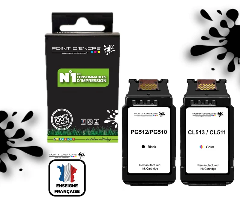 PG-510 / PG-512 NOIR - CL-513 / CL-511 COULEUR - Grande capacité de Marque Française POINT D'ENCRE - Pour imprimante compatible CANON (cec)