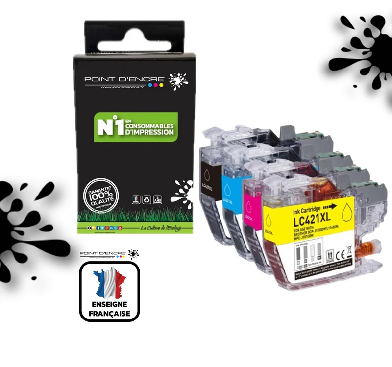 LC421XL - Pack de 4 Cartouches D'encre Noir/Cyan/Magenta/ Jaune - Grande capacité de Marque Française POINT D'ENCRE Pour imprimante compatible BROTHER (ceb)