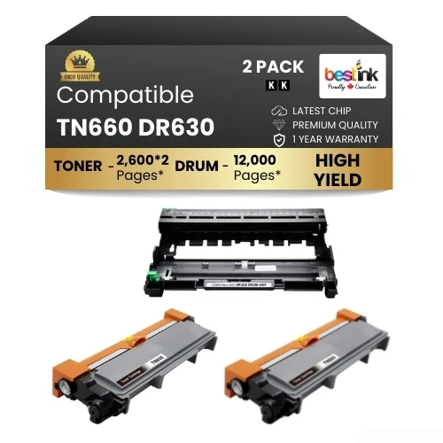 Compatible Brother TN660 DR630 Black Toner Cartridge and Drum Combo (1 DRUM & 2 TONER) in ( 1 Pack )