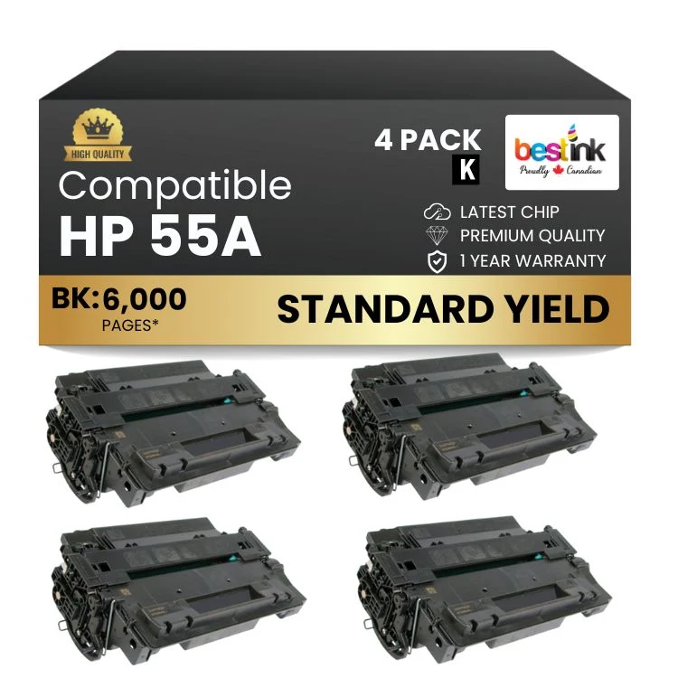 Compatible HP 55A CE255A Black Toner Cartridge (4 Pack)