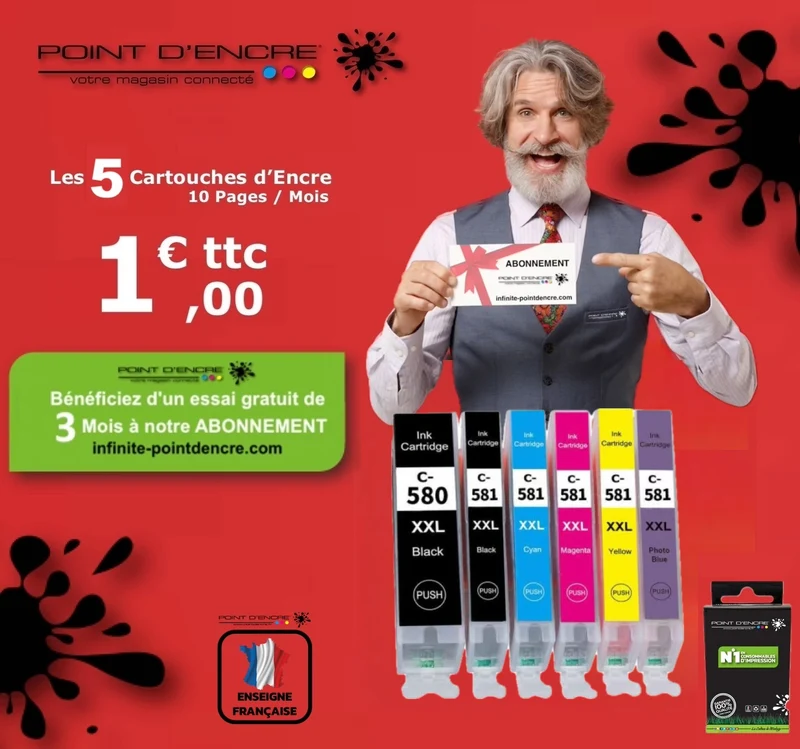 PGI-580XXL / CLI-581XXL - ABONNEMENT - Pack Noir / Cyan / Magenta / Jaune / violet - Grande capacité de Marque Française POINT D'ENCRE Pour imprimante compatible CANON (cec)