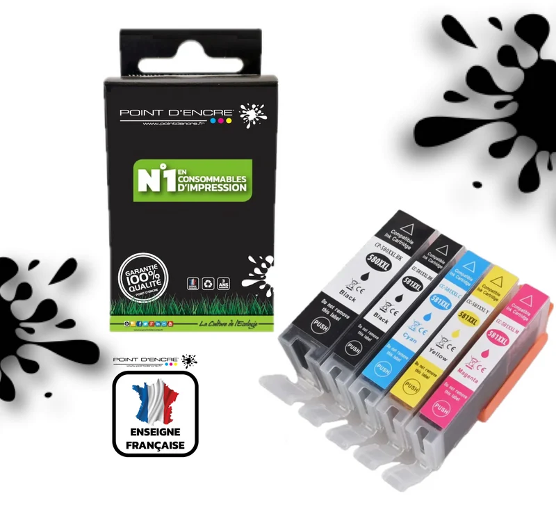 PGI-580XXL / CLI-581XXL - Pack Noir / Cyan / Magenta / Jaune - Grande capacité de Marque Française POINT D'ENCRE Pour imprimante compatible CANON (cec)