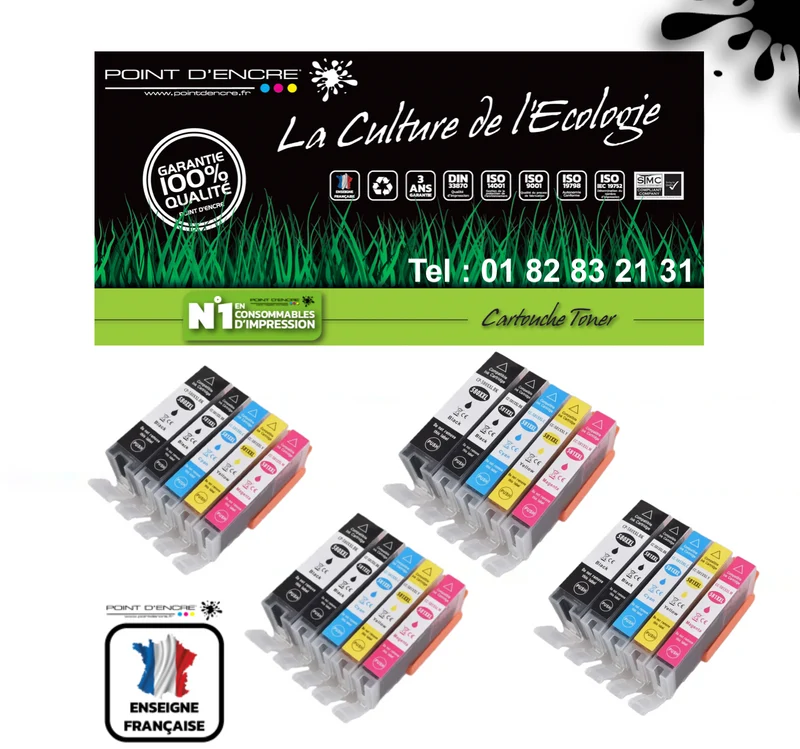 PGI-580XXL / CLI-581XXL - 4 X Pack Noir / Cyan / Magenta / Jaune / Noir photo - Grande capacité de Marque Française POINT D'ENCRE Pour imprimante compatible CANON (cec)