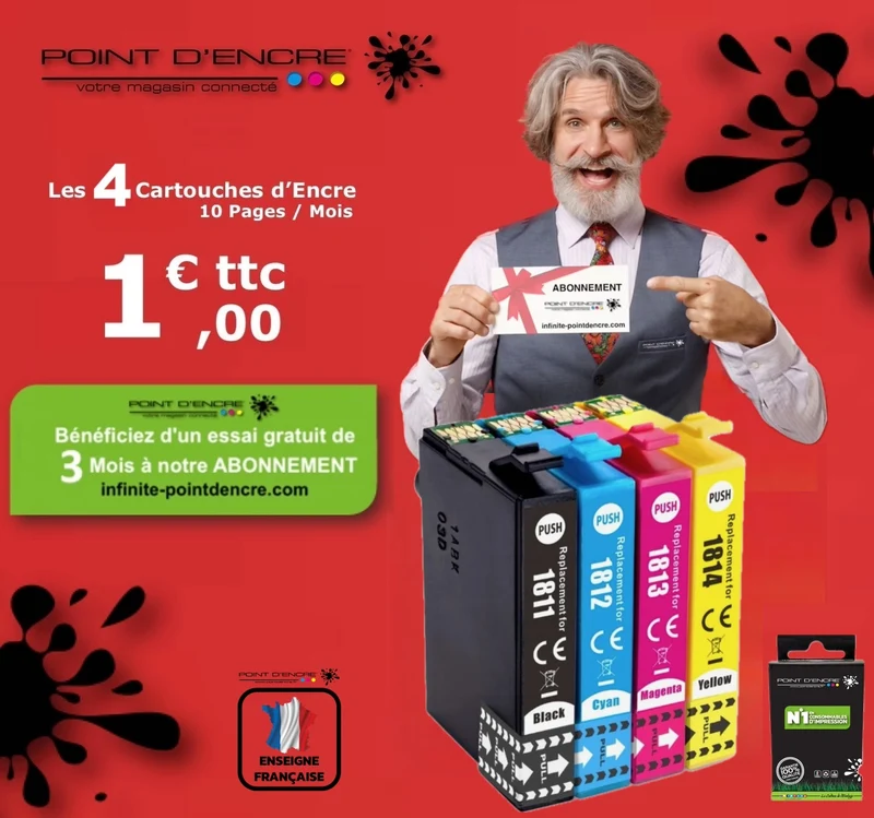 18XL - Pâquerette - ABONNEMENT - NOIR / CYAN / MAGENTA / JAUNE - Grande capacité de Marque Française POINT D'ENCRE Pour imprimante compatible EPSON (cee)