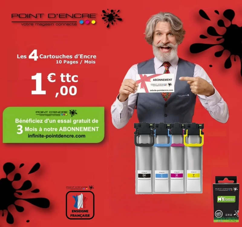 T9451/T9441 - T9452/T9442 - T9453/T9443 - T9454/T9444 - ABONNEMENT - Pack de 4 Cartouches D'encre Noir/Cyan/Magenta/ Jaune - Grande capacité de Marque Française POINT D'ENCRE Pour imprimante compatible EPSON (cee)