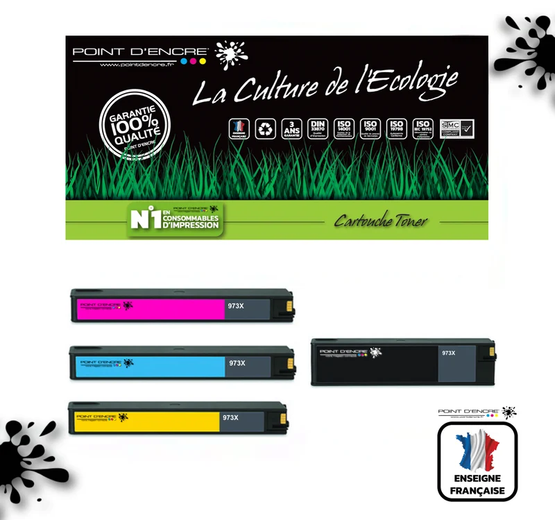 973XL / 913- Pack de 4 Cartouches D'encre Noir/Cyan/Magenta/ Jaune - Grande capacité de Marque Française POINT D'ENCRE Pour imprimante compatible HP (clhp)