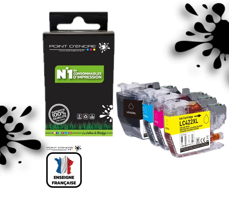 LC422XL - Pack de 4 Cartouches D'encre Noir/Cyan/Magenta/ Jaune - Grande capacité de Marque Française POINT D'ENCRE Pour imprimante compatible BROTHER (ceb)