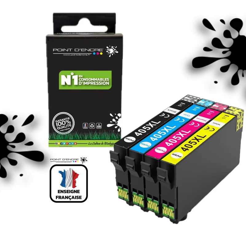 405XL - Valise - Pack de 4 Cartouches D'encre Noir/Cyan/Magenta/ Jaune - Grande capacité de Marque Française POINT D'ENCRE Pour imprimante compatible EPSON (cee)