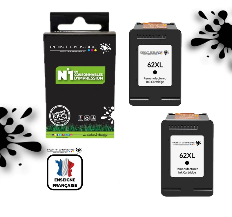 62XL - 2 X NOIR - Grande capacité de Marque Française POINT D'ENCRE - Pour imprimante compatible HP (cehp)