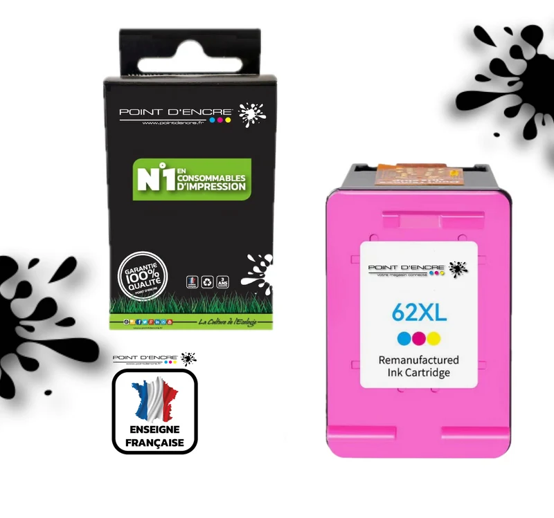 62XL - COULEUR - Grande capacité de Marque Française POINT D'ENCRE - Pour imprimante compatible HP (cehp)