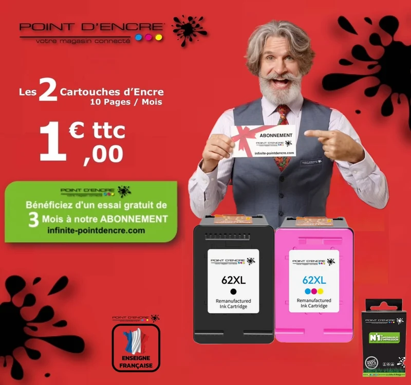 62XL - NOIR & COULEUR - ABONNEMENT - Grande capacité de Marque Francaise POINT D'ENCRE - Pour imprimante compatible HP (cehp)