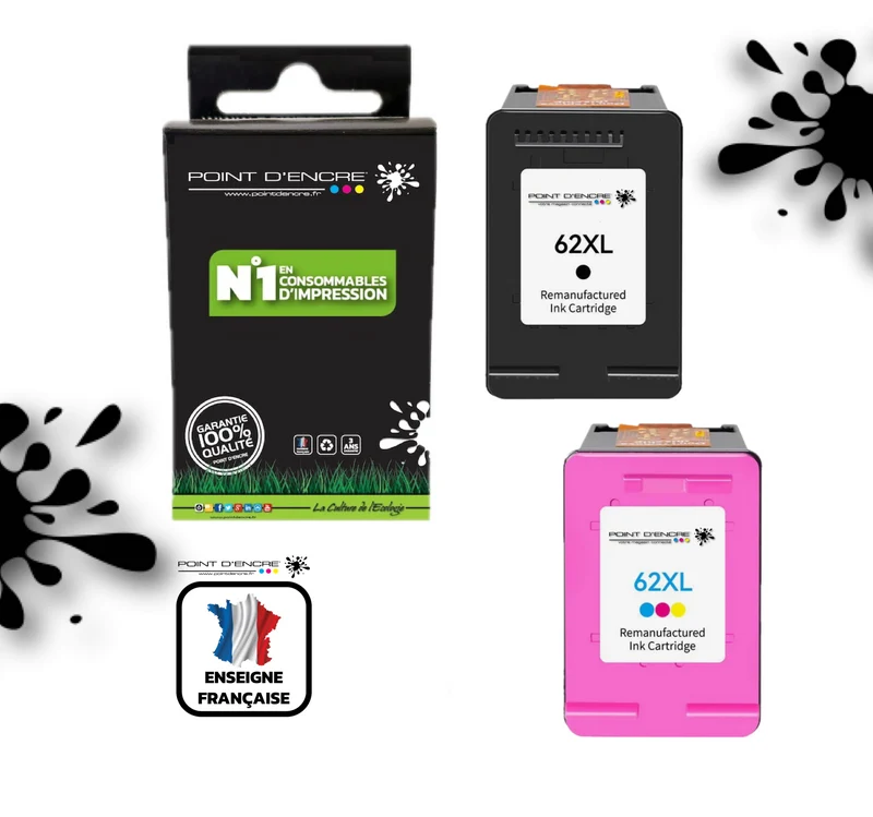 62XL - NOIR / COULEUR - Grande capacité de Marque Française POINT D'ENCRE - Pour imprimante compatible HP (cehp)