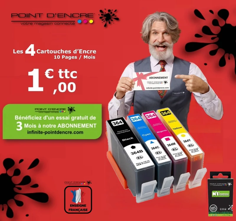 364XL - ABONNEMENT - Pack de 4 Cartouches Noir/Cyan/Magenta/ Jaune Grande capacité de Marque Francaise POINT D'ENCRE Pour imprimante compatible HP (cehp)