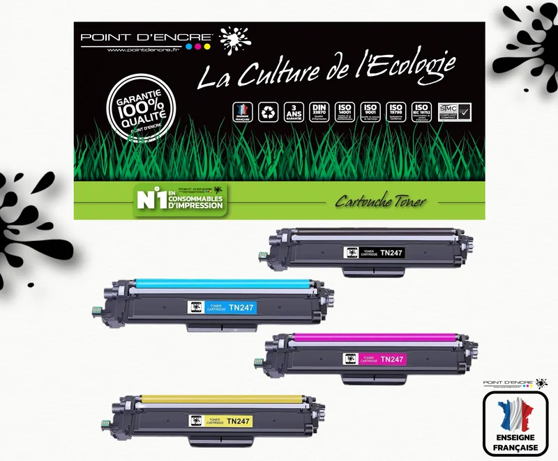 TN247 / TN243 - 4 Cartouches BK/C/M/Y/ - Grande capacité Marque Francaise POINT D'ENCRE pour Imprimantes compatibles Brother (clbr)