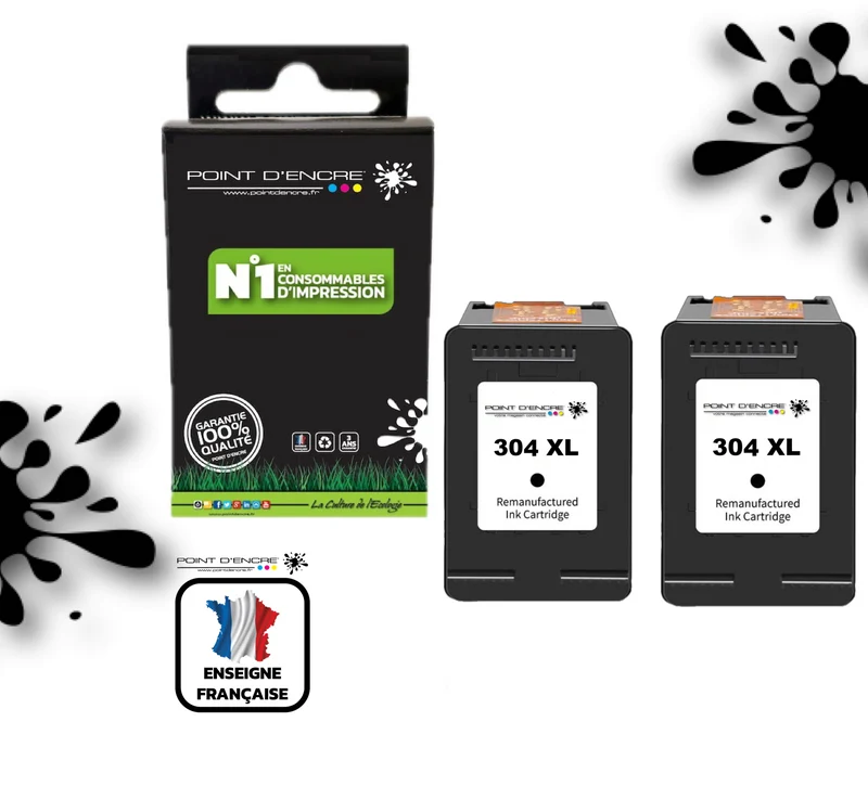 304XL / 304 - 2 X NOIR - Grande capacité de Marque Francaise POINT D'ENCRE - Pour imprimante compatible HP (cehp)
