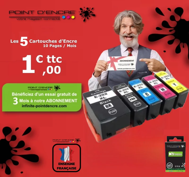 202XL - Kiwi - Abonnement - Pack de 5 Cartouches D'encre Noir/ Cyan/ Magenta/ Jaune - Grande capacité de Marque Francaise POINT D'ENCRE C13T02G74010 Pour imprimante compatible EPSON (eep)