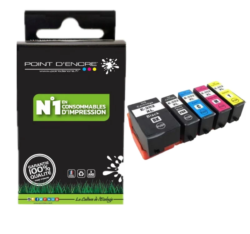 202XL - Kiwi - C13T02G74010 - Pack de 5 Cartouches D'encre Noir/ Cyan/ Magenta/ Jaune - Grande capacité de Marque Francaise POINT D'ENCRE Pour imprimante compatible EPSON (eep)