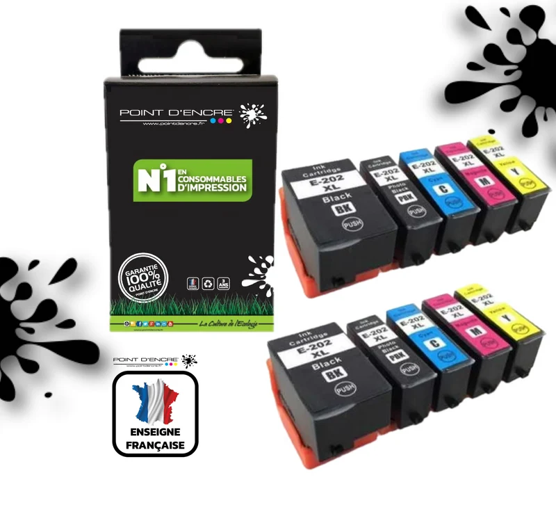 202XL - Kiwi - C13T02G74010 - 2 X Pack de 5 Cartouches D'encre Noir/ Cyan/ Magenta/ Jaune - Grande capacité de Marque Francaise POINT D'ENCRE Pour imprimante compatible EPSON (eep)
