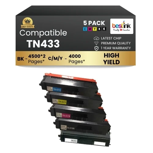 Compatible Brother TN433 Toner Cartridge High Yield 2BK/C/M/Y (5 Pack)