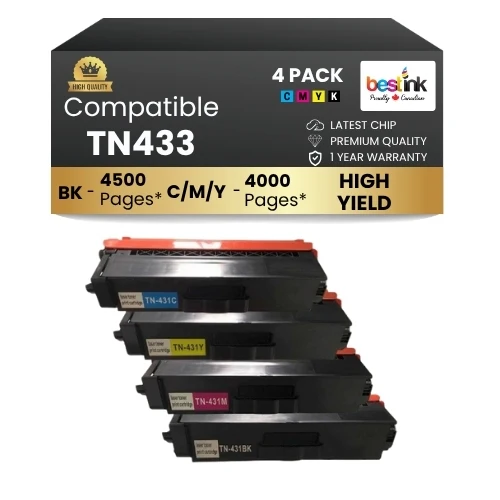 Compatible Brother TN433 Toner Cartridge High Yield BK/C/M/Y (4 Pack)