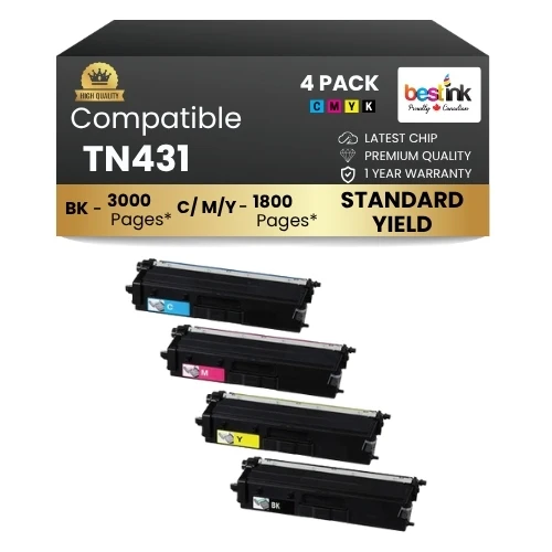 Compatible Brother TN431 Toner Cartridge Combo BK/C/M/Y (4 Pack)