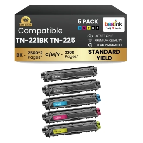 Brother TN-221BK TN-225 2BK/C/M/Y Compatible Toner Cartridge Combo (5 Pack)