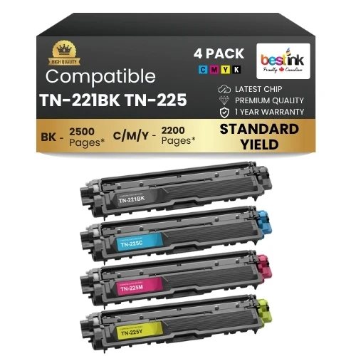 Brother TN-221BK TN-225 C/M/Y Compatible Toner Cartridge Combo (4 Pack)