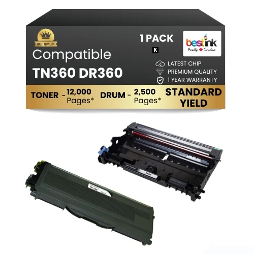 Compatible Brother TN360 DR360 Black Toner Cartridge and Drum Combo(1 DRUM & 1 TONER)