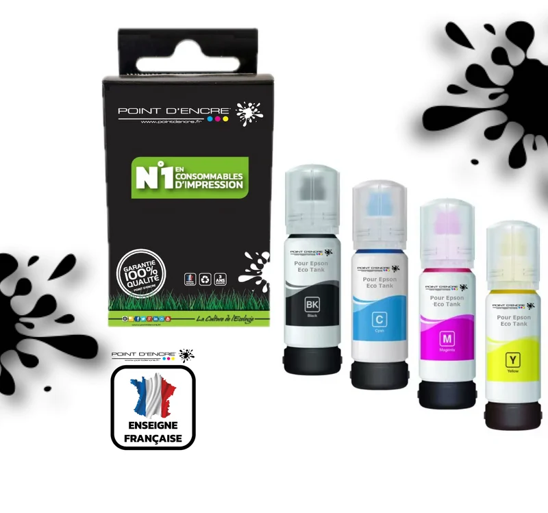 103 / C13T00S64A - Pack de 4 bouteilles D'encre Noir/Cyan/Magenta/ Jaune - Grande capacité de Marque Francaise POINT D'ENCRE Pour imprimante compatible EPSON (eep)