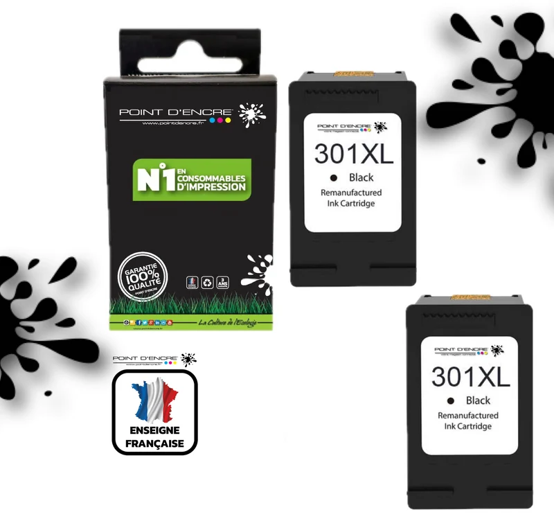 301XL / 301 - 2 X NOIR - Grande capacité de Marque Francaise POINT D'ENCRE - Pour imprimante compatible HP (cehp)