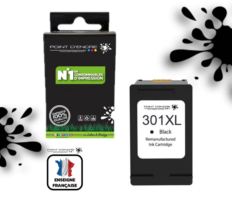 301XL / 301 - NOIR - Grande capacité de Marque Francaise POINT D'ENCRE - Pour imprimante compatible HP (cehp)
