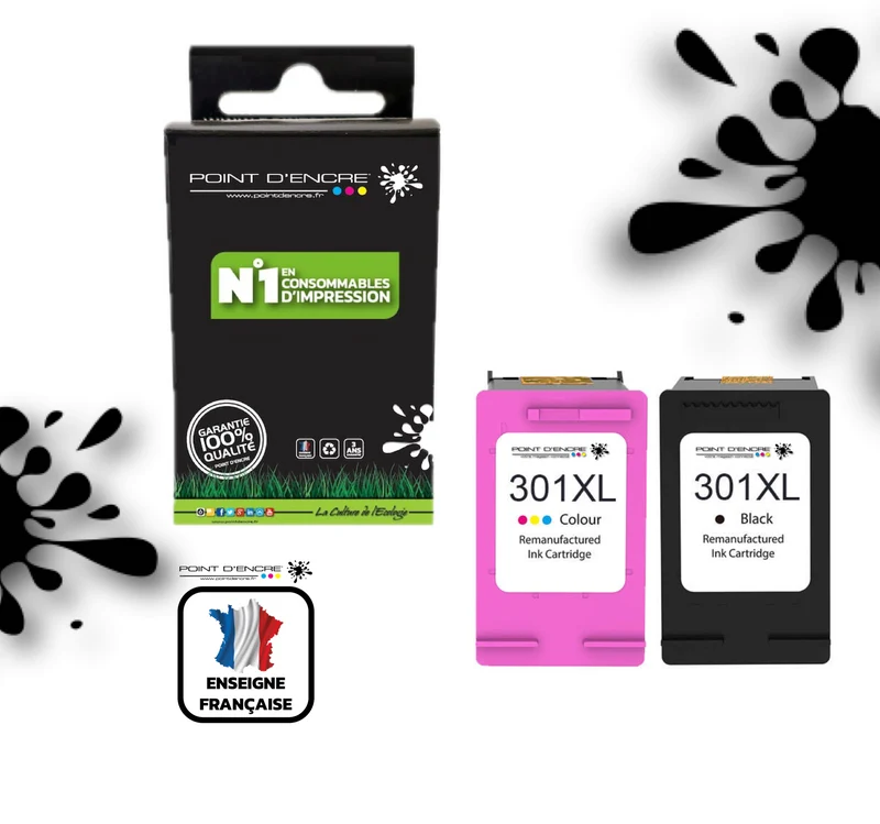 301XL / 301 - NOIR & COULEUR - Grande capacité de Marque Francaise POINT D'ENCRE - Pour imprimante compatible HP (cehp)