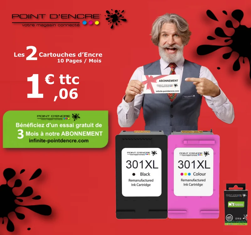 301XL / 301 - Abonnement - Cartouches NOIR & COULEUR Grande capacité de Marque Francaise POINT D'ENCRE - Pour imprimante compatible HP (cehp)