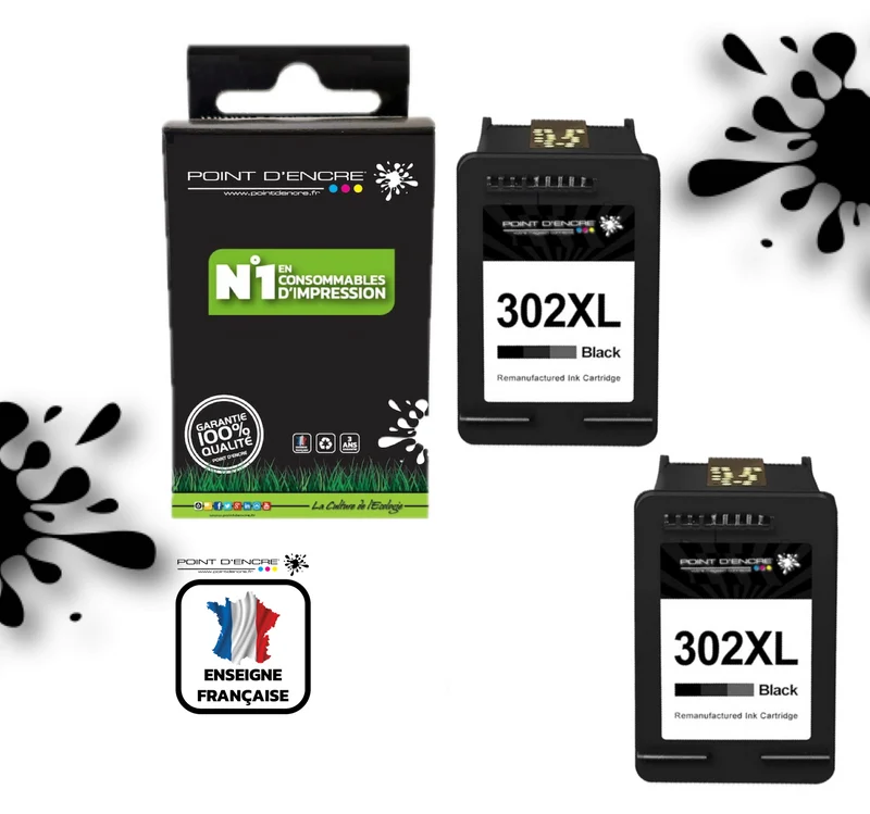 302XL / 302 - 2 X NOIR - Grande capacité de Marque Francaise POINT D'ENCRE - Pour imprimante compatible HP (cehp)