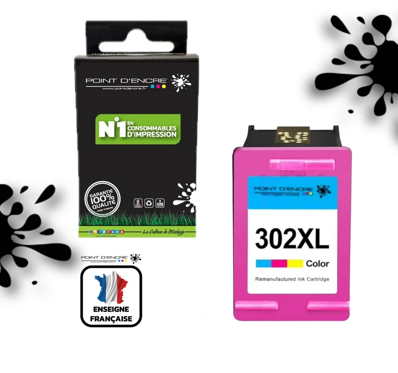 302XL / 302 - COULEUR - Grande capacité de Marque Francaise POINT D'ENCRE - Pour imprimante compatible HP (cehp)