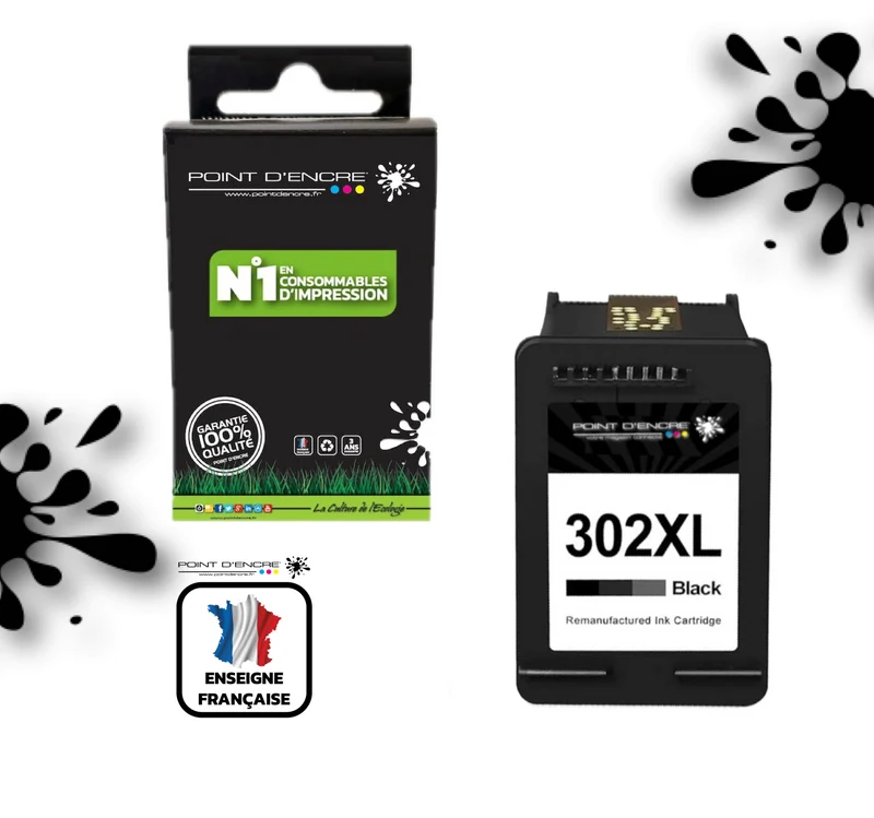 302XL / 302 - NOIR - Grande capacité de Marque Francaise POINT D'ENCRE - Pour imprimante compatible HP (cehp)