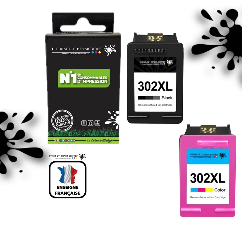 302XL / 302 - NOIR & COULEUR - Grande capacité de Marque Francaise POINT D'ENCRE - Pour imprimante compatible HP (cehp)