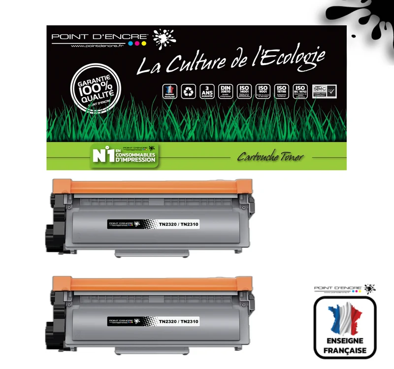 TN2320/TN2310/ - 2 X Noir - Grande capacité Marque Francaise POINT D'ENCRE/ DR2300 pour Imprimantes compatibles Brother (clp)