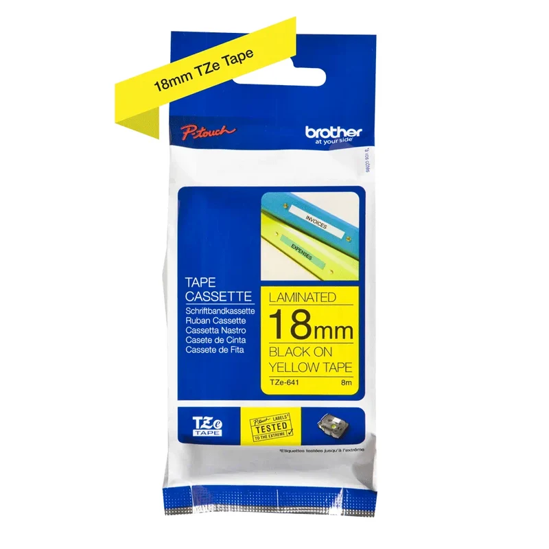 Cassette originale à ruban pour étiqueteuse Brother 18mm noir sur jaune - TZe-641