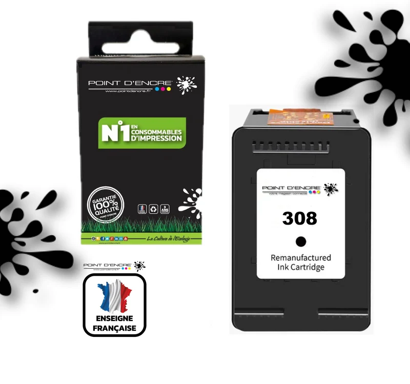 308 - NOIR - 7FP21UE - Grande capacité de Marque Francaise POINT D'ENCRE - Pour imprimante compatible HP (cehp)